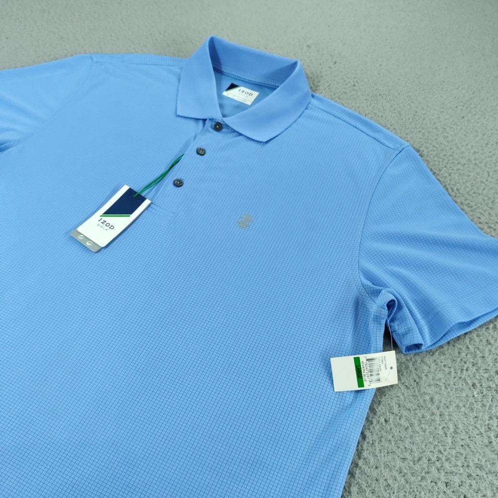 IZOD Golf Polo Shirt Mens Large Blue Check Sun-Control Wicking Performance